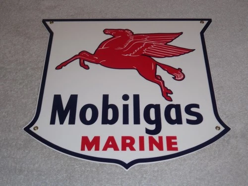 VINTAGE MOBIL MOBILGAS MARINE +PEGASUS 11 3/4" PORCELAIN METAL GASOLINE OIL SIGN