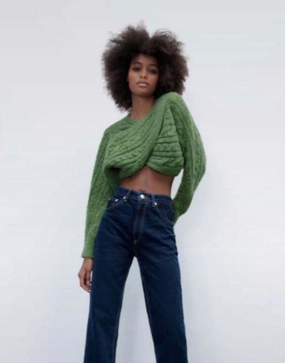 ZARA MOSS GREEN WRAP CROP CHUNKY CABLE KNIT SWEATER, SIZE S/UK