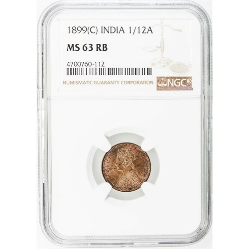 INDIA - BRITISH , 1/12 ANNA 1899 C NGC MS 63 RB (SL) , RARE