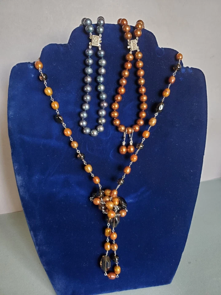 Set 1/4" Cultured Pearl Jewelry -2 Bracelets Earrings and Necklace w Smoky Topaz - Image 2 of 4