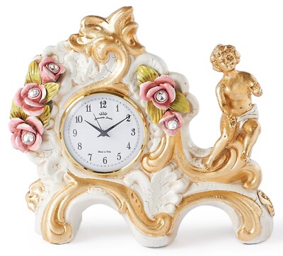 Table Clock Shelf In Capodimonte Porcelain Flowers Cherub Leaf Gold