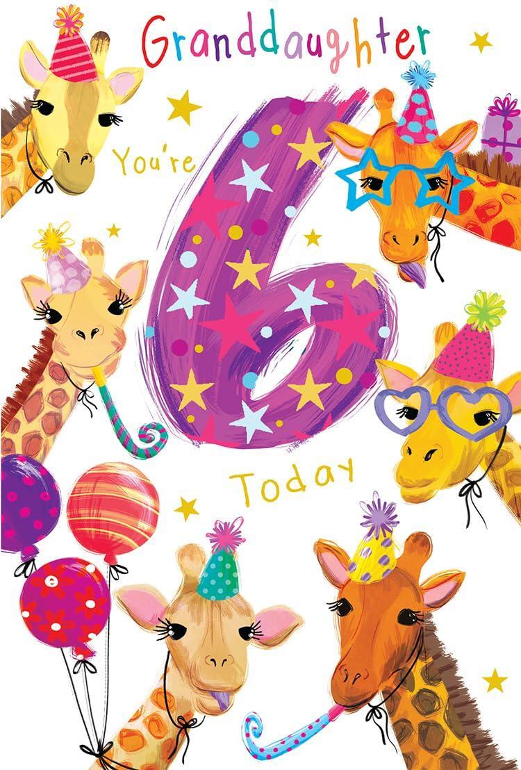 Granddaughter 6th Birthday Card Age 6 Giraffes Party Time 9'' x 6'' Lovely Verse