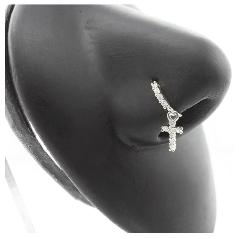 1x Women Men Genuine 925 Sterling Silver CZ Cross Dangle Nose Ring