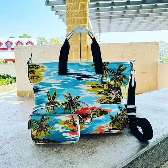 Coach Tote 38 Hawaiian Print Canvas Smooth Leather Crossbody Shoulder Brand New