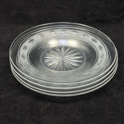 Vintage Glass Bread Plate Starburst Cut Thumbprint Etched Band 4Pc Set