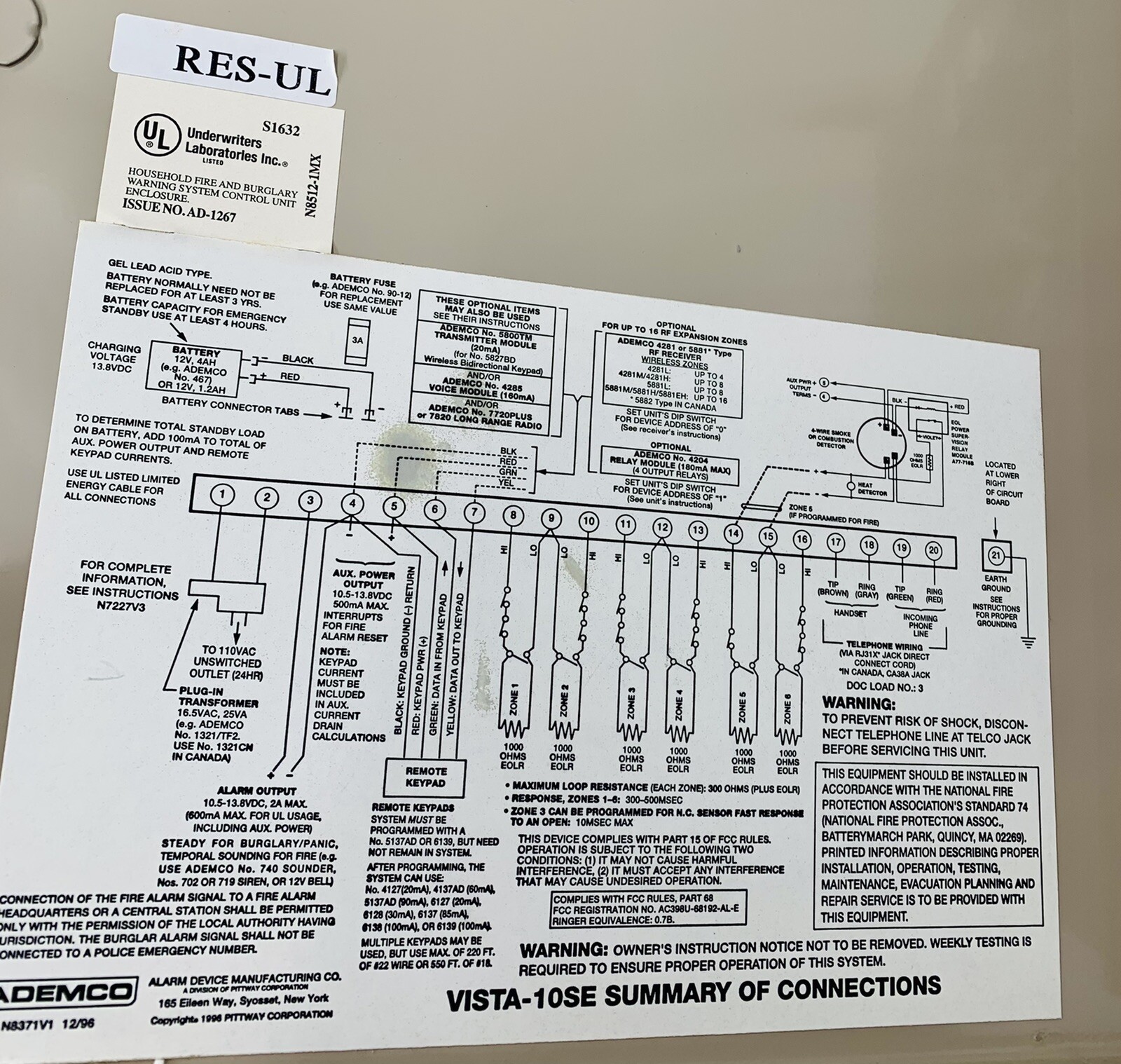 Honeywell VISTA-10SE,W/E2 ADEMCO Control Panel Board/ Enclosure/ Relay ...