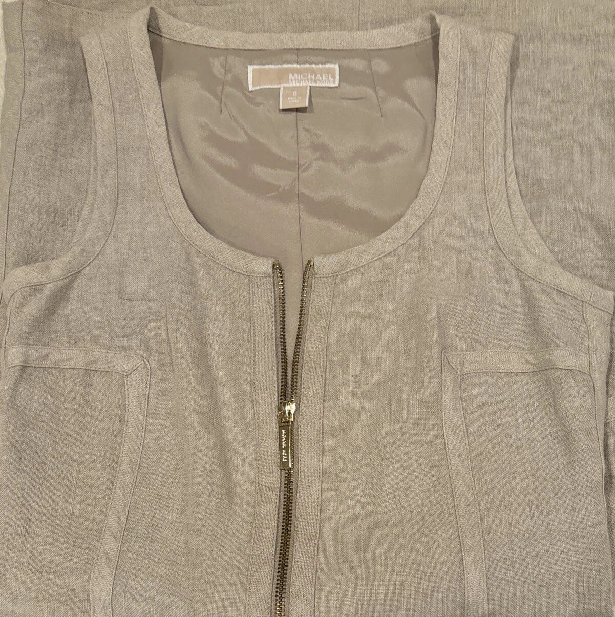 Abito Michael Kors foderato in lino naturale senza maniche aderente con cerniera davanti taglia 0