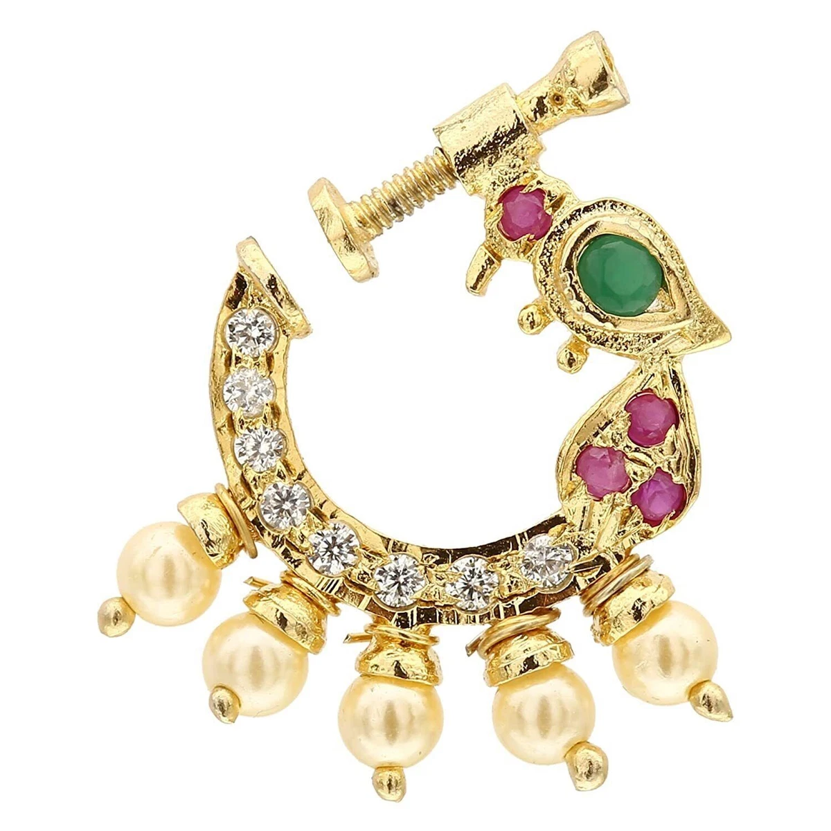 Traditional Peacock Design Ruby Non Piercing Screw Press Nose Pin