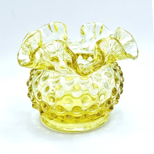 Fenton Yellow Buttercup Hobnail Glass Rose Bowl Ruffled Rim Vintage Art Glass