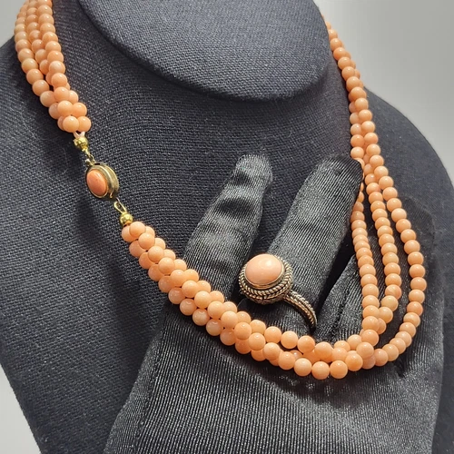 Vtg 3 Strand Angel Skin Coral 925 Sterling Necklace & Ring SZ 8 Box Clasp Signed