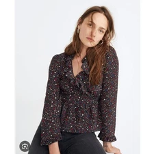 Madewell Silk Ruffle Hem Wrap Top Starry Night Small Flutter Stars Feminine