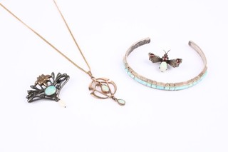 Silver Opal Antique Jewelry Art Nouveau Bracelet Brooches Necklace x4 35g