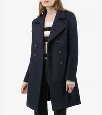 Allegra K Double Breasted Notched Lapel Mid-Length Winter Coat Sz S Dark Blue