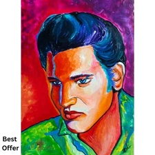 Vintage Crying Elvis Presley Black Velvet Acrylic Hand Painting Art NEW Original