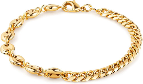 18K Gold Plated Mariner & Cuban Link Bracelet for Women, 7.5 Inches