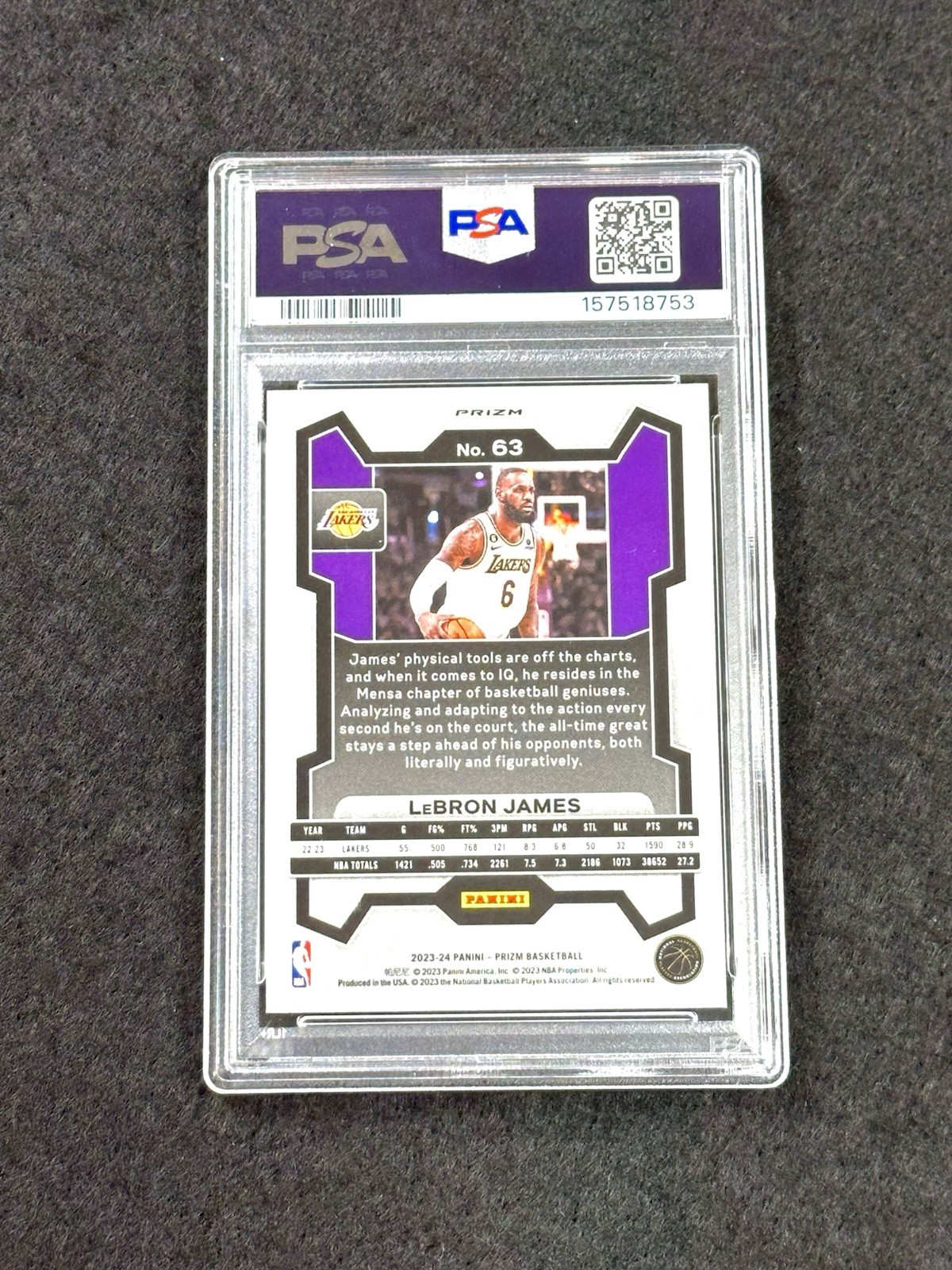 2023 Panini Prizm PSA 10 LeBron James Red Sparkle Prizm SSP #63 Lakers - POP 55 view 2