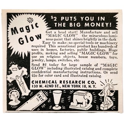 1949 Magic Glow In The Dark Lumimous Paint Advertisement NYC Chem Research E8Q