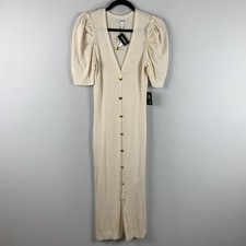 Express Ribbed Knit Bodycon Midi Sweater Dress M Cream Short Puff Sleeve