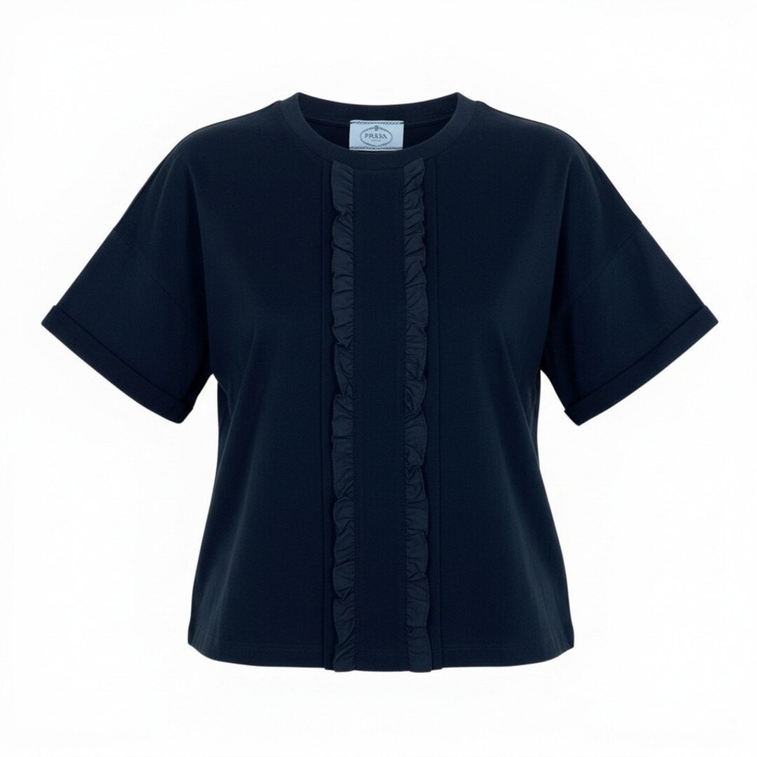 70B9 PRADA Ruffled Embellished Short Sleeve Tops L Navy Cotton Women Used AYAN-0