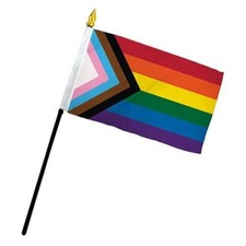 Progress Pride Rainbow Flag 4x6 Inch Hand Flag On Stick LGBTQ LGBTQIA 