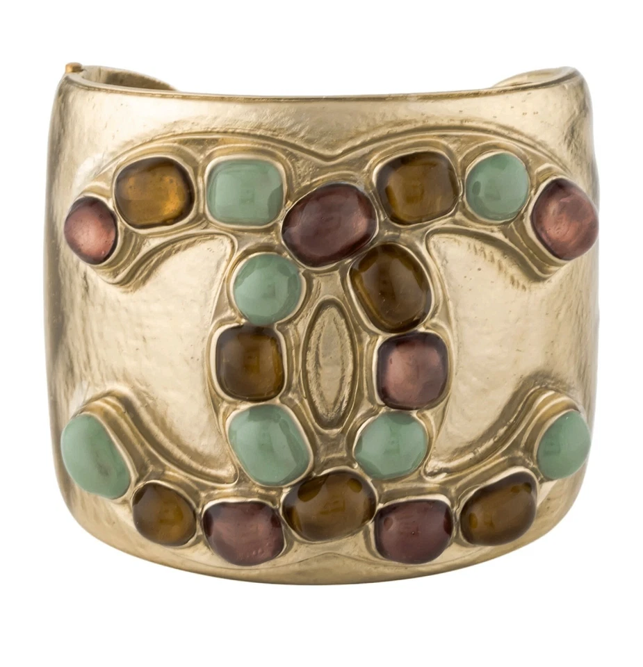 NWT CHANEL CC Gold Metal Glass Beads Cuff Bracelet Fall 2018 Chunky