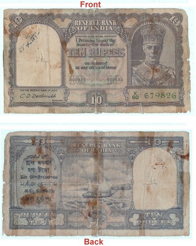 Original 10 Rs Británico India Nota C. D. Deshmukh Firmado Rey George VI G5-63 - 第 1/5 張圖片