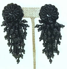 E304 Vintage Handmade black seed beaded sequins clip on Dangle fashion earrings