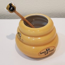 Honey Miel golden yellow beehive 2.5" tall honey pot - wood bee stirrer - no lid