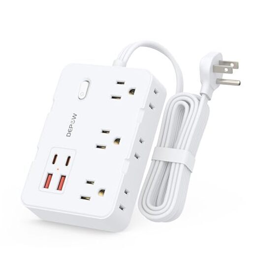 Surge Protector Power Strip with Flat Plug Extension Cord with 6 AC 6 FT White-image