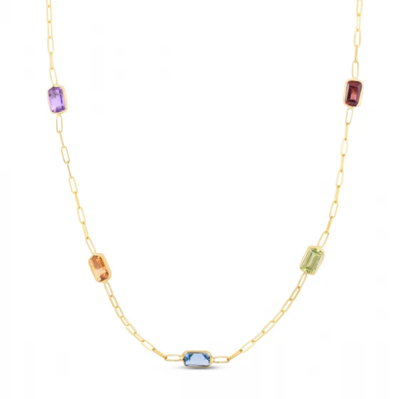 Collar de cadena de eslabones de clip de múltiples piedras preciosas de oro amarillo macizo de 14 k de 17" 1,6 mm