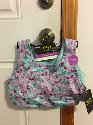 NWT GIRL SIZE XL ATHLETIC WORKS 2 PACK HIGH NECK KEYHOLE SPORT BRAS BAND SIZE 36