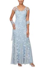Alex Evenings 8117912 Floral Embroidered ALine Gown with Shawl SZ 12 Blue