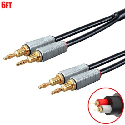 6FT Bi-Wire Banana Plug Connector Audio Speaker Cable Copper 14AWG Gold ...