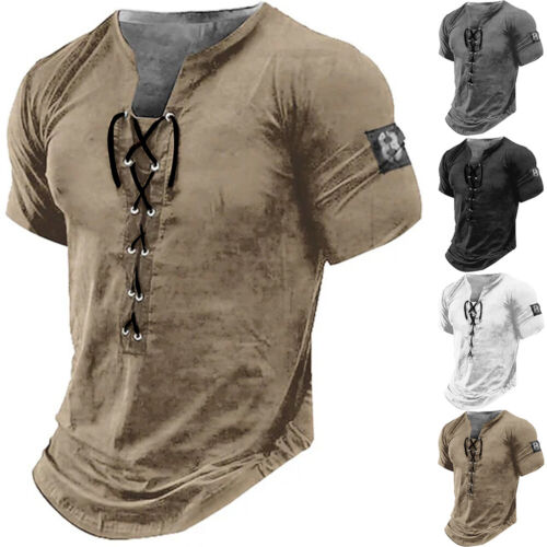 Mens Lace Up Muscle Slim Fit T Shirt Short Sleeve Casual Grandad Tops Blouse New