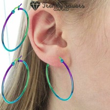Simple Thin Hoop Earrings Rainbow Stainless Steel Round Lightweight For Women