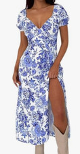 NEW Relipop Women's Deep V Neck Ruched Bust Side Slit Midi Dress Medium