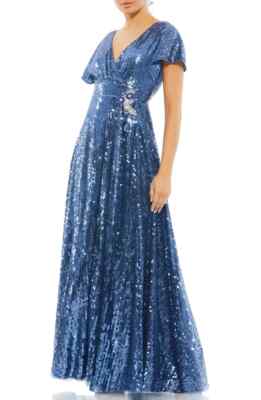 Mac Duggal Fusion Blue Sequin Empire Waist A-Line Gown Size 4 $598
