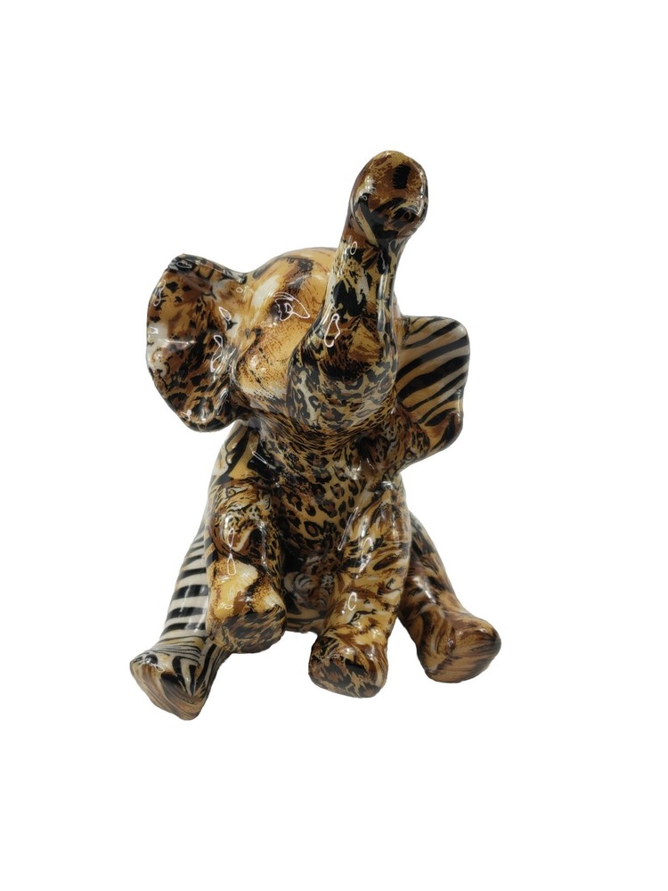 La Vie African Safari Animal Print Glazed Ceramic Elephant Tunk Up Figurine 7