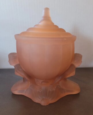 DERMAY pink Satin glass Nude ladies Dolly Sisters Art Deco Vanity Powder Jar 