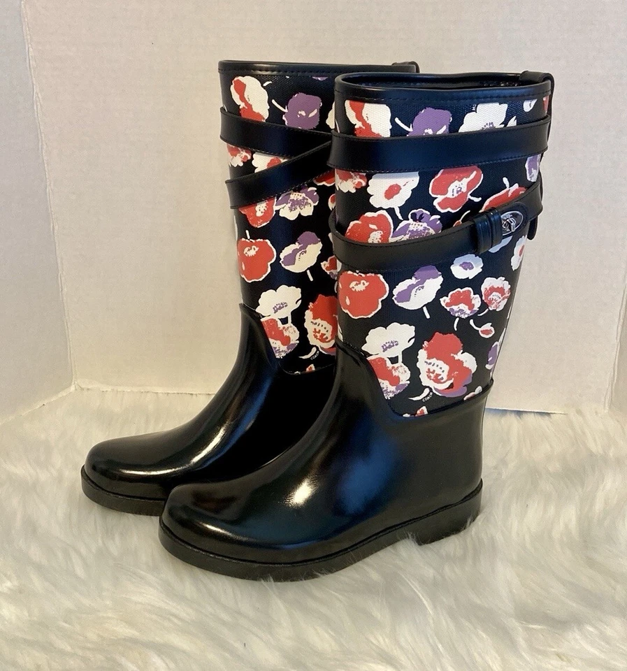 全新 Coach Trisha 黑色花卉橡胶湿雨靴 5 码 — 第 2/4 张图片