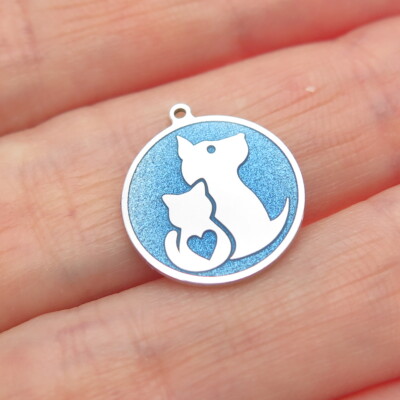 925 Sterling Silber Blau Emaille Katze & Hund Freundschaft Minimalistisch Charm Anhänger