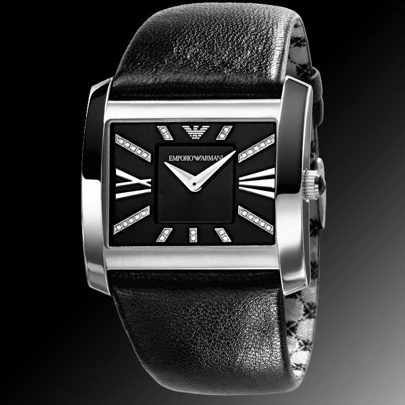 NEW EMPORIO ARMANI BLACK LEATHER SILVER 30 DIAMONDS ROMAN NUMERAL