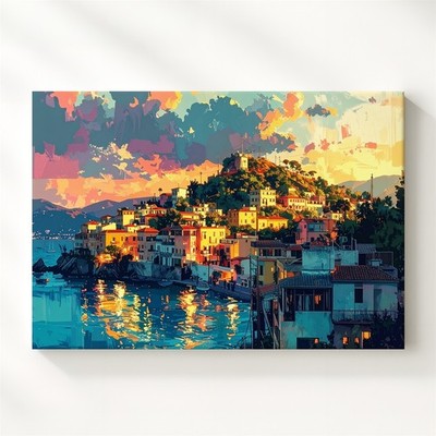 Mediterranean Sunset Canvas Dreamy Hillside Town Wall Art | eBay
