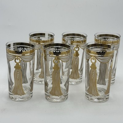 Set of 6 MCM Fred Press Tassel Highball Cocktail Glasses Gold
