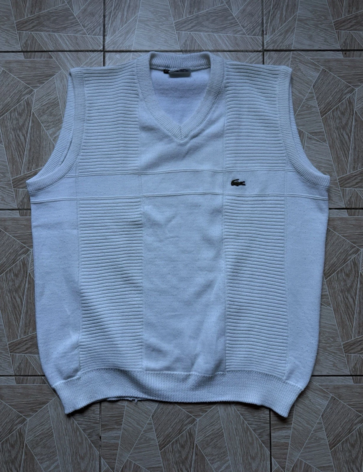 Vintage 90s Lacoste France Knit Sweater Vest White Cotton V Neck XXL Classic