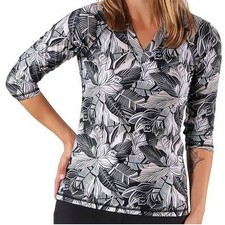 UV SKINZ UPF 50 Sunwear Top Black White Leaf Floral 3/4 Sleeve Rash Guard EUC M