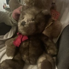 Brown Plush Teddy Bear Stuffed Animal Black Eyes Red Bow Vintage 11-15 in