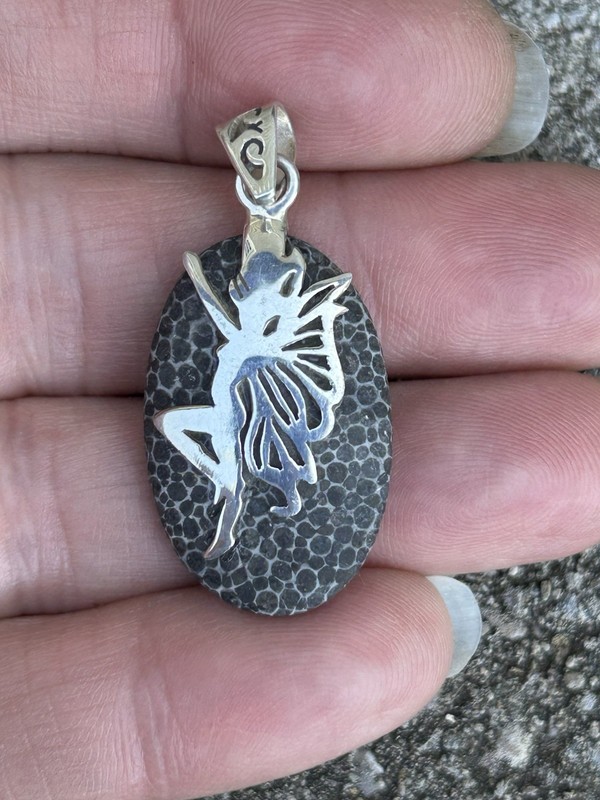 Sterling Silver Fairy Elf Oval Black Fossil Coral Pendant