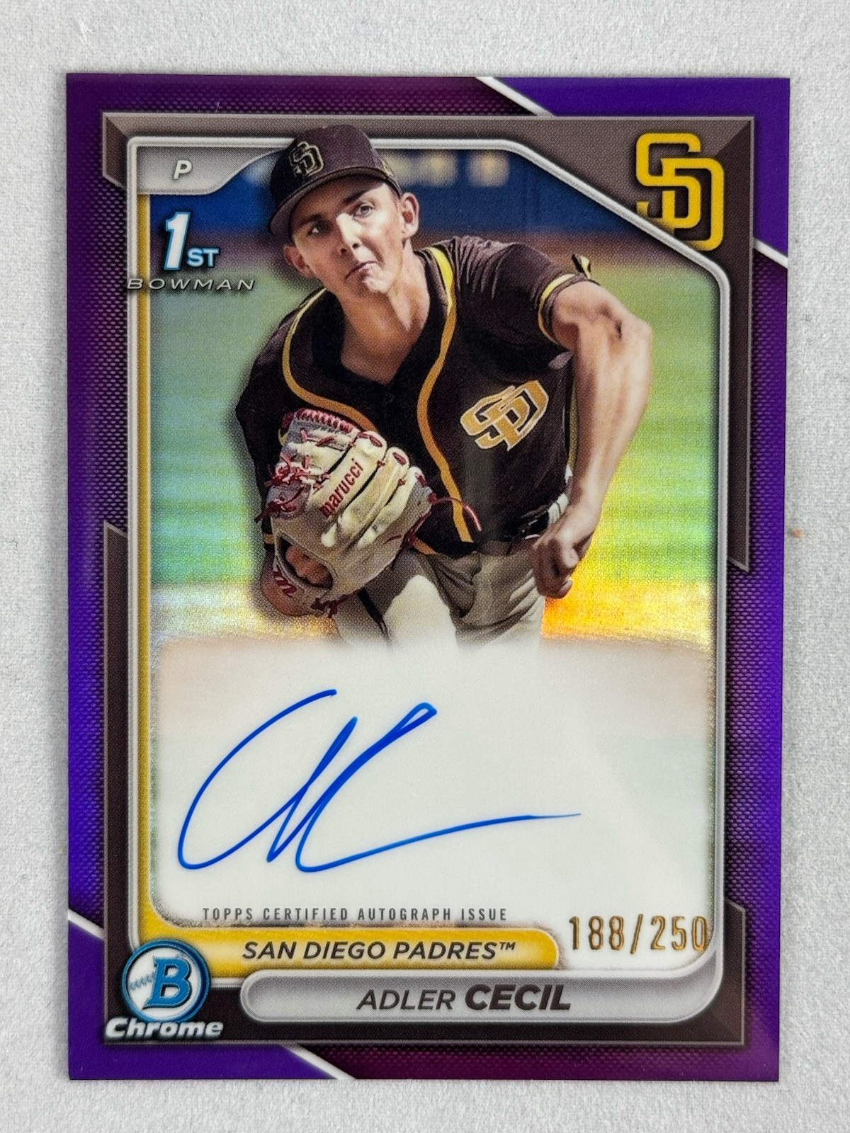 2024 1st Bowman Chrome Adler Cecil Prospect Auto Purple Refractor 188/250