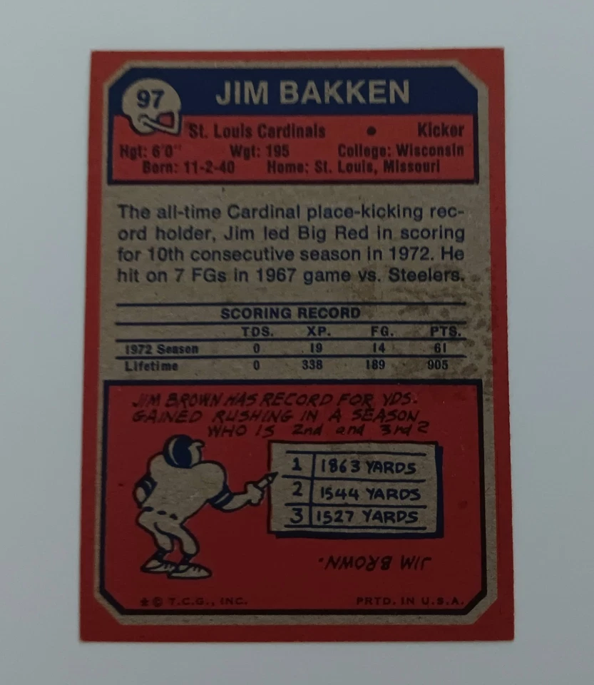 Topps 1973 Jim Bakken #97 St. Louis Cardinals, Signed Autographed Football Card - Image 2 of 3